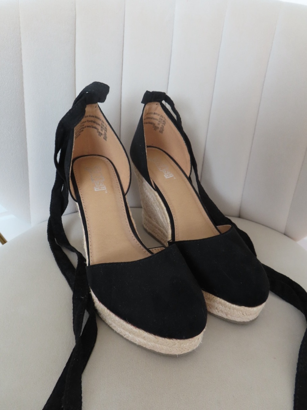 Black Espadrille Wedge Tie-Ankle Heels
